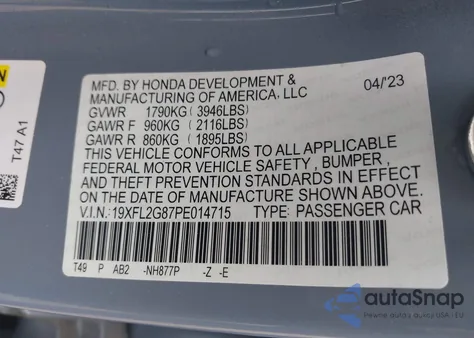 2023 Honda Civic Sport из США, поврежденный, VIN 19XFL2G87PE014715